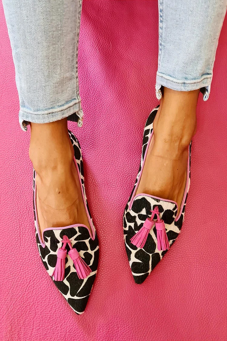 Sigfrid | Spisse loafers med giraffmønster og rosa dusker