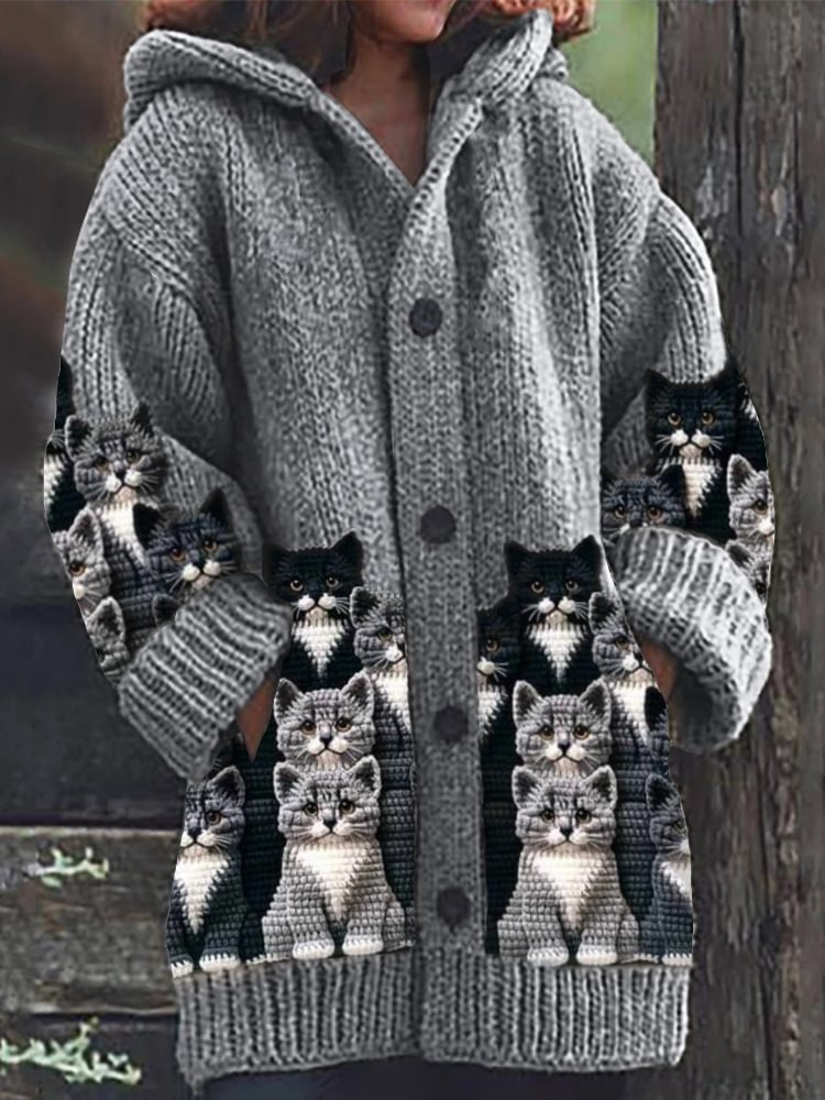 Jasmin - Koselig Strikket Katt Print Cardigan
