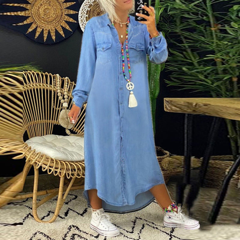 Kamilla | Maxi Denim Kjole med Lange Ermer