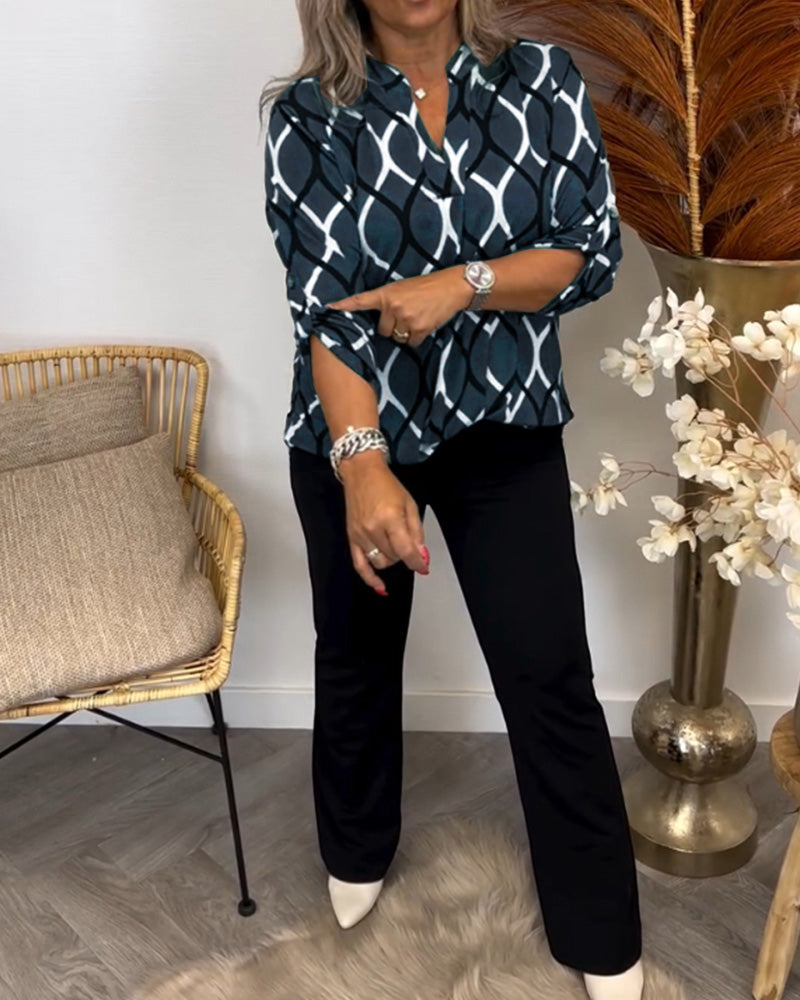 Janny | Langermet Bluse med Geometrisk Mønster