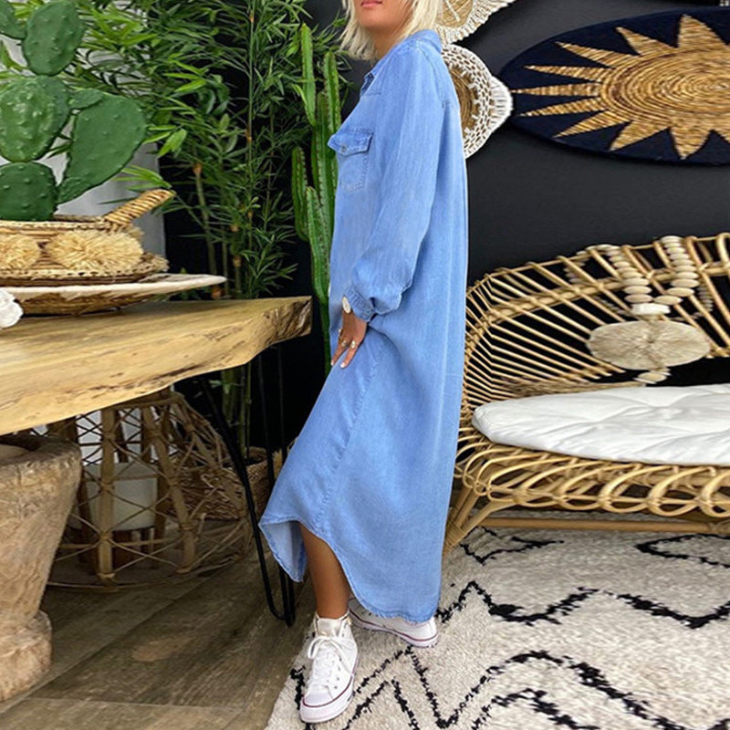 Kamilla | Maxi Denim Kjole med Lange Ermer