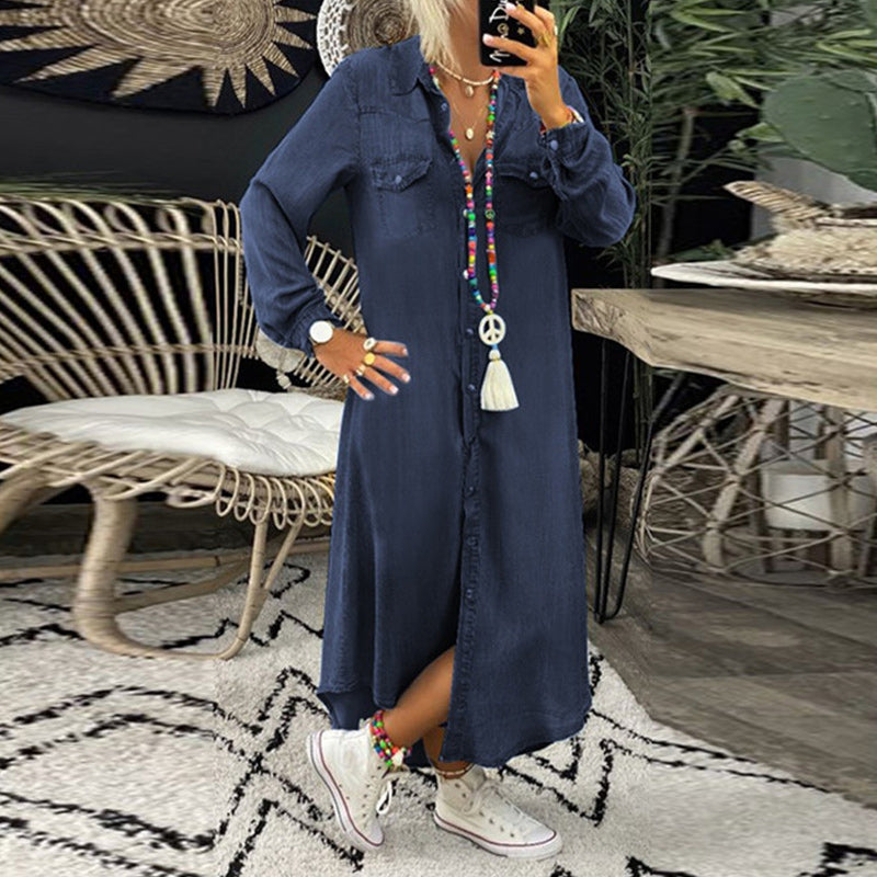 Kamilla | Maxi Denim Kjole med Lange Ermer