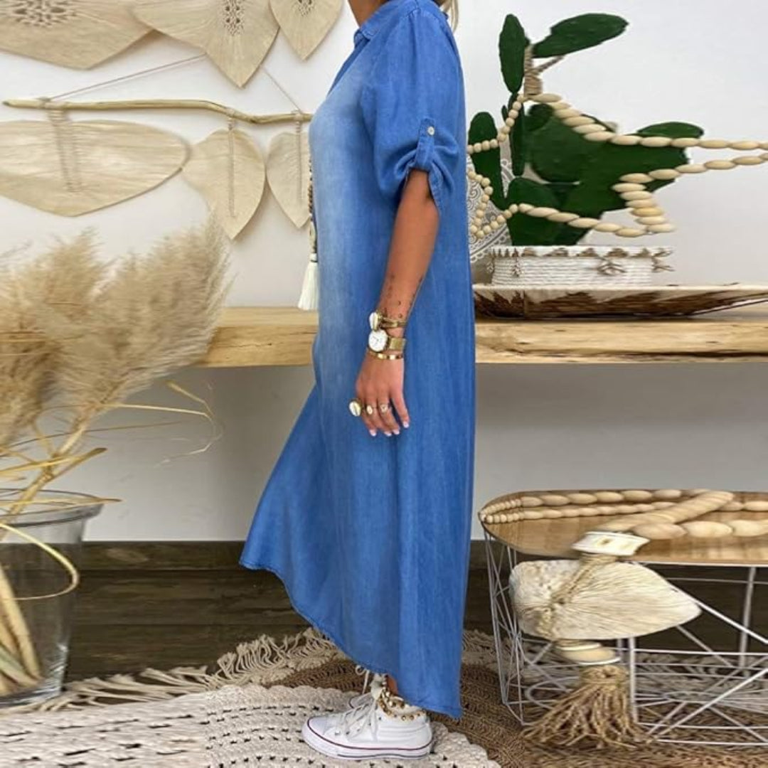 Torilda | Sommer V-hals Halv Denim Kjole