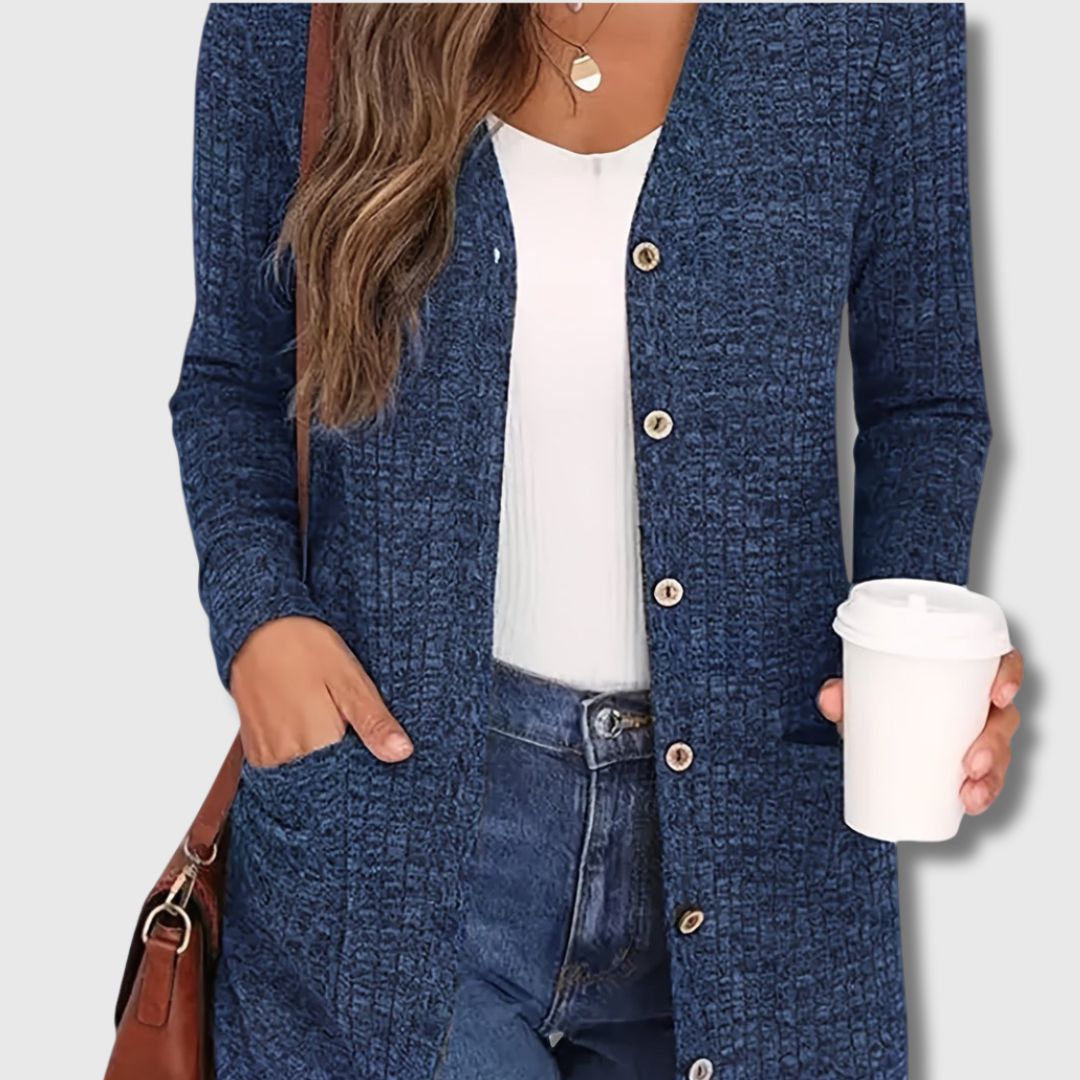 Ingrid | Elegant Lang Cardigan med Lommer og Knapper
