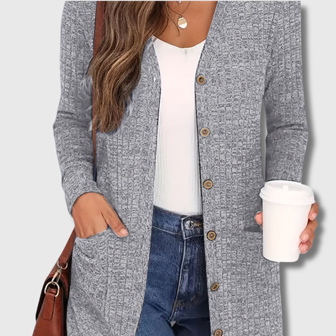 Ingrid | Elegant Lang Cardigan med Lommer og Knapper
