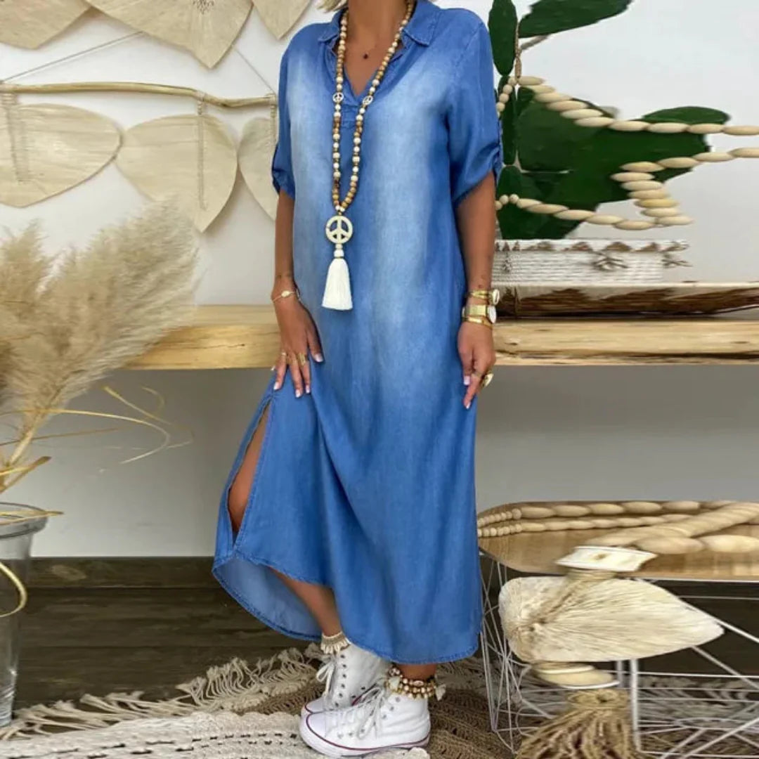 Torilda | Sommer V-hals Halv Denim Kjole