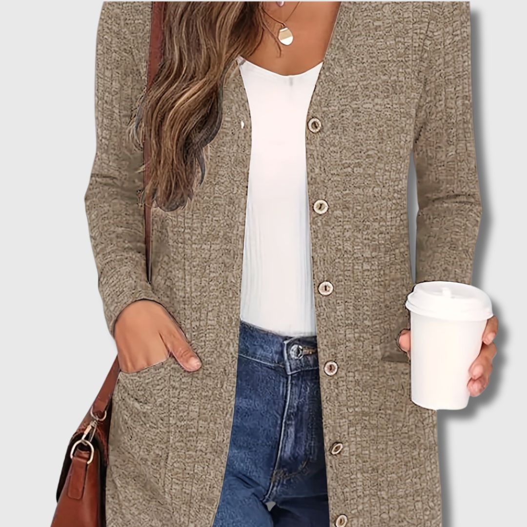 Ingrid | Elegant Lang Cardigan med Lommer og Knapper