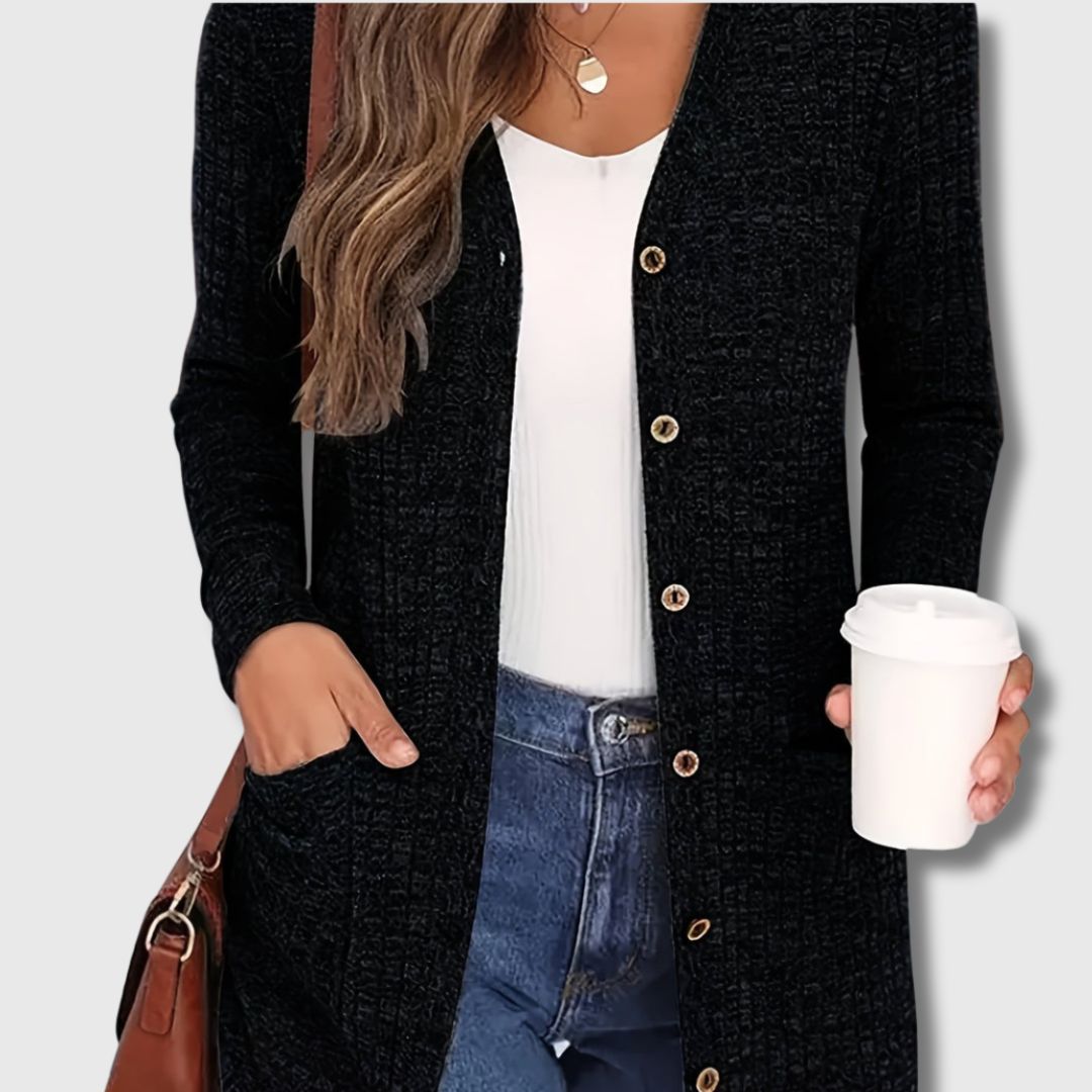 Ingrid | Elegant Lang Cardigan med Lommer og Knapper