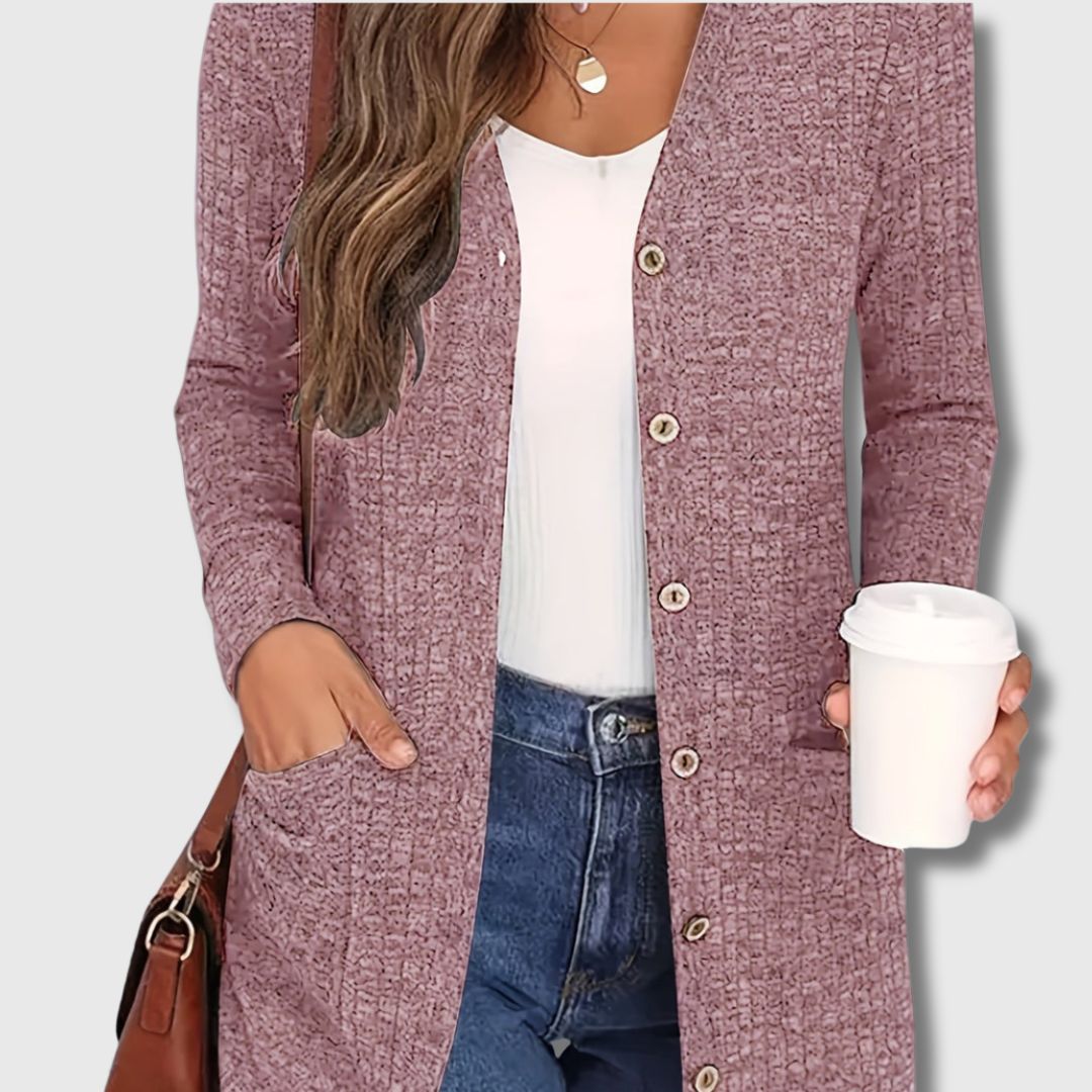 Ingrid | Elegant Lang Cardigan med Lommer og Knapper
