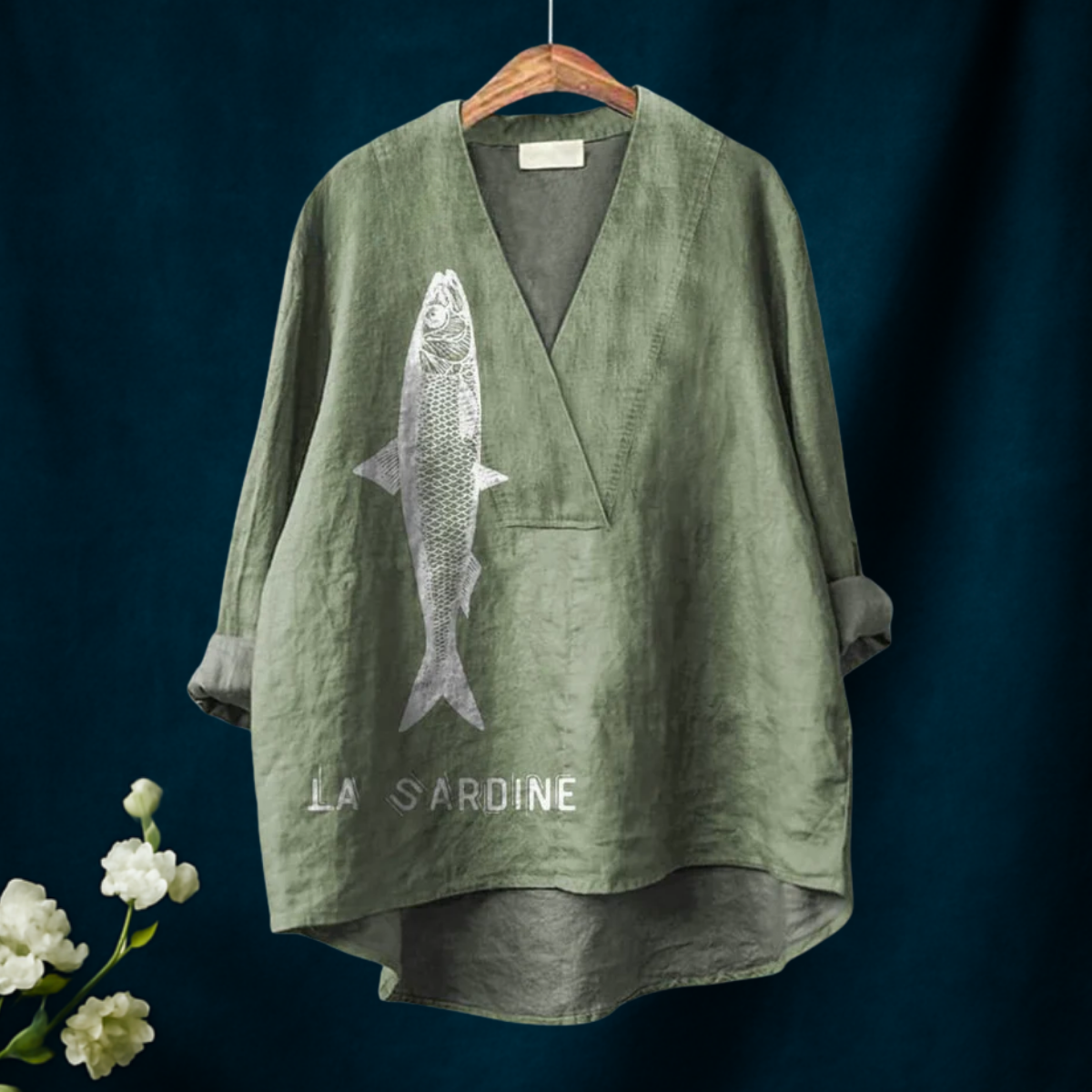 Sardine Fisk Grafikk Trykt Kvinne Casual V-hals Skjorte