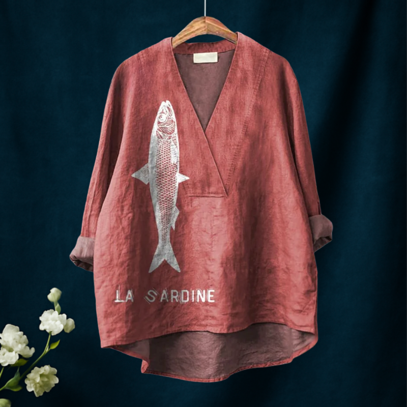 Sardine Fisk Grafikk Trykt Kvinne Casual V-hals Skjorte