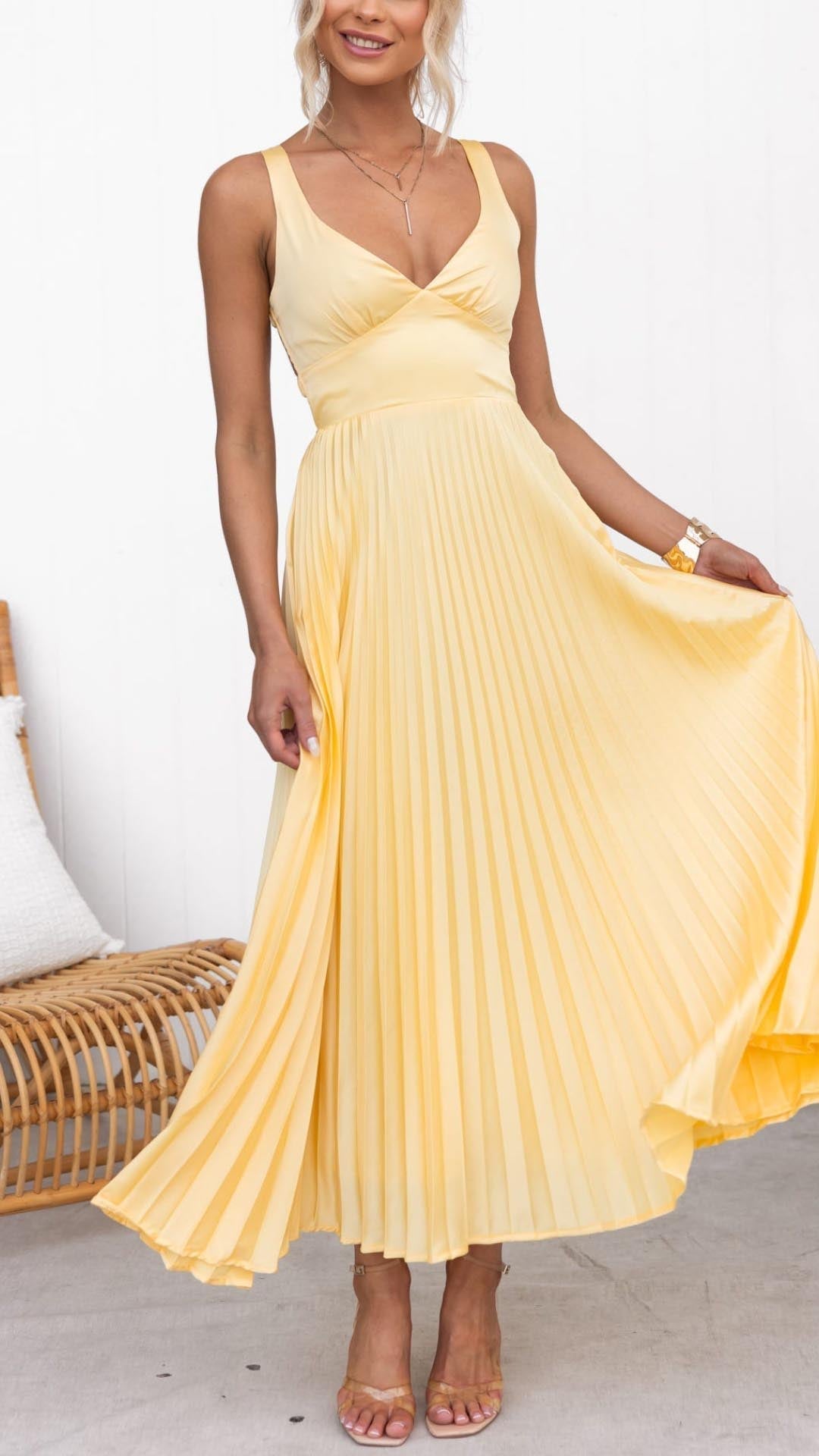 Jane - Plisserte V-hals Maxi Kjole