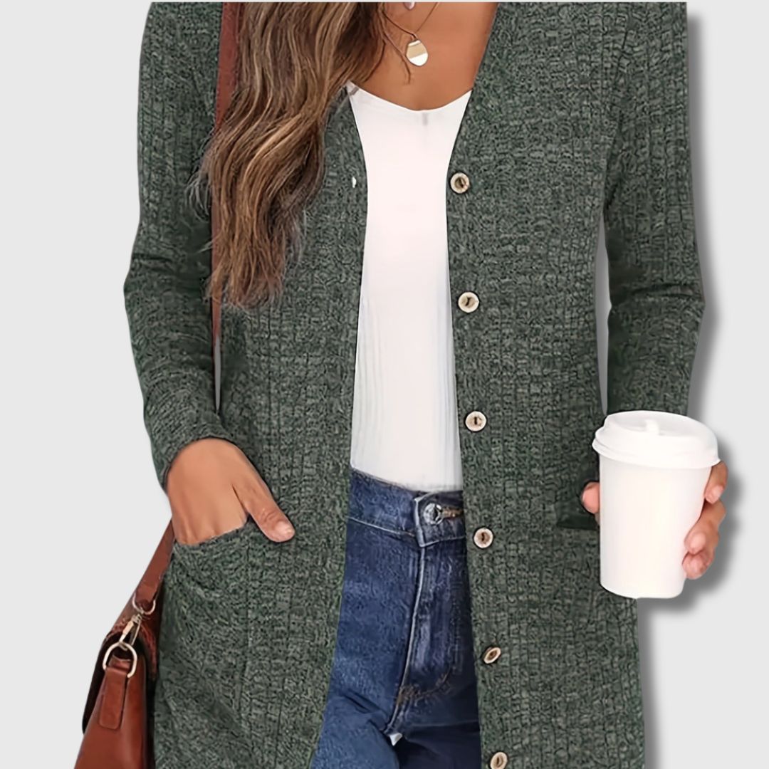 Ingrid | Elegant Lang Cardigan med Lommer og Knapper