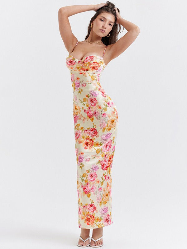 Lucy - Blomstrete Satin Maxi Kjole