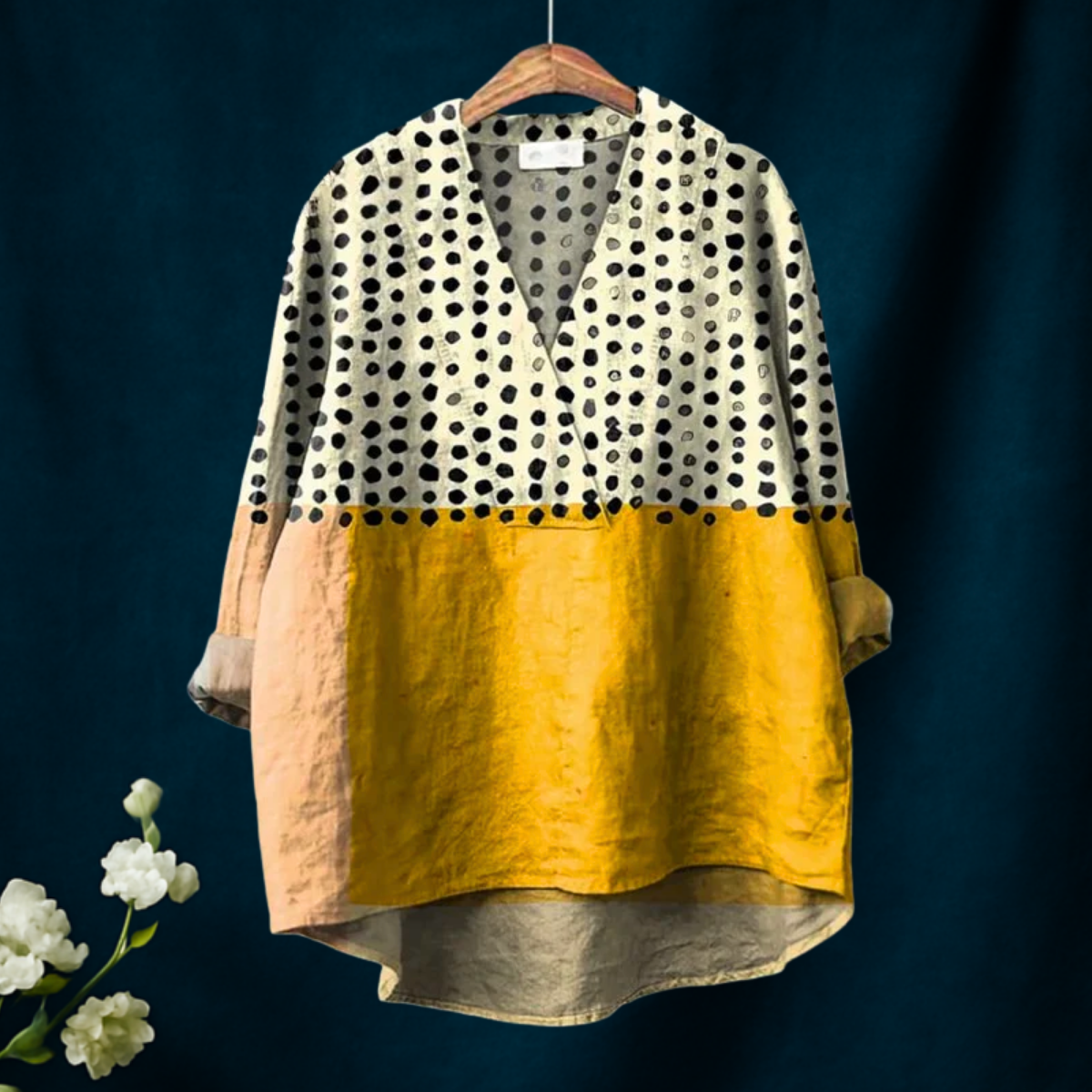 Dame Gul Fargeblokkerte Prikkete Print Casual V-hals Skjorte