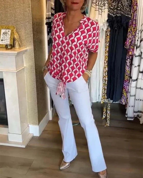 Lisbeth | Knutet skjortebluse med retro mønster