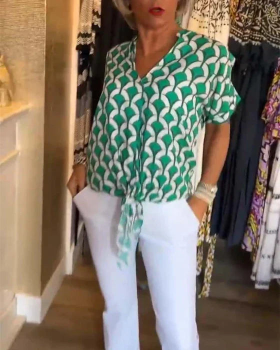 Lisbeth | Knutet skjortebluse med retro mønster