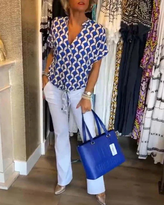Lisbeth | Knutet skjortebluse med retro mønster
