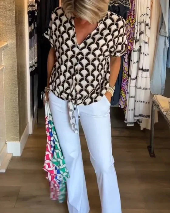 Lisbeth | Knutet skjortebluse med retro mønster