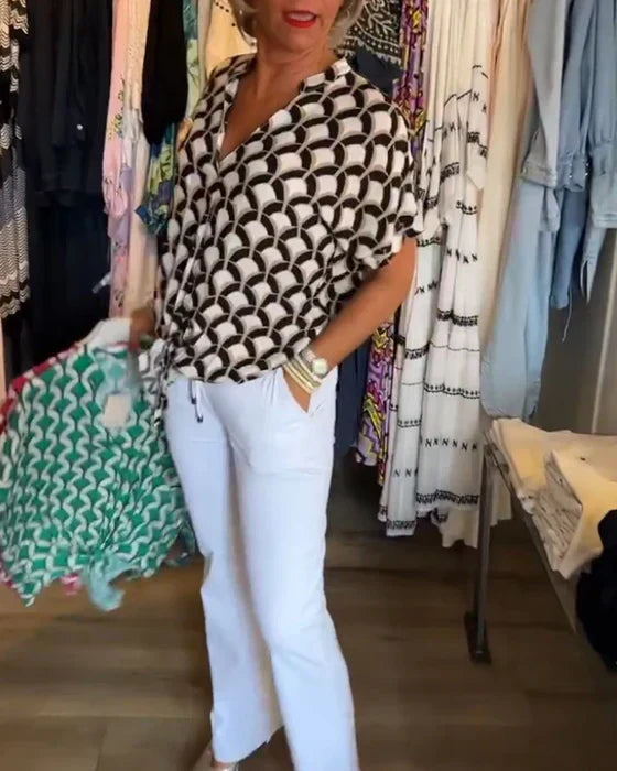 Lisbeth | Knutet skjortebluse med retro mønster