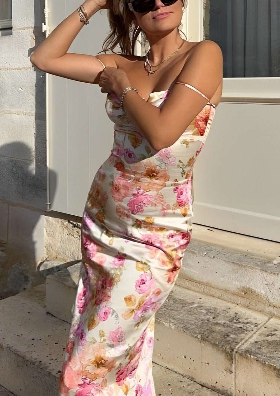 Lucy - Blomstrete Satin Maxi Kjole