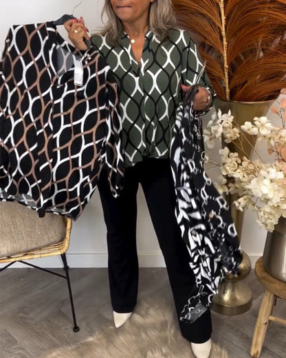 Janny | Langermet Bluse med Geometrisk Mønster