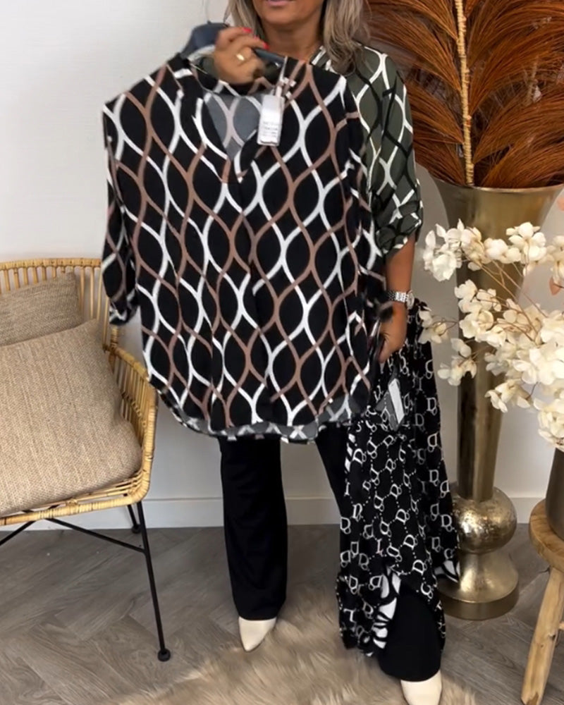 Janny | Langermet Bluse med Geometrisk Mønster