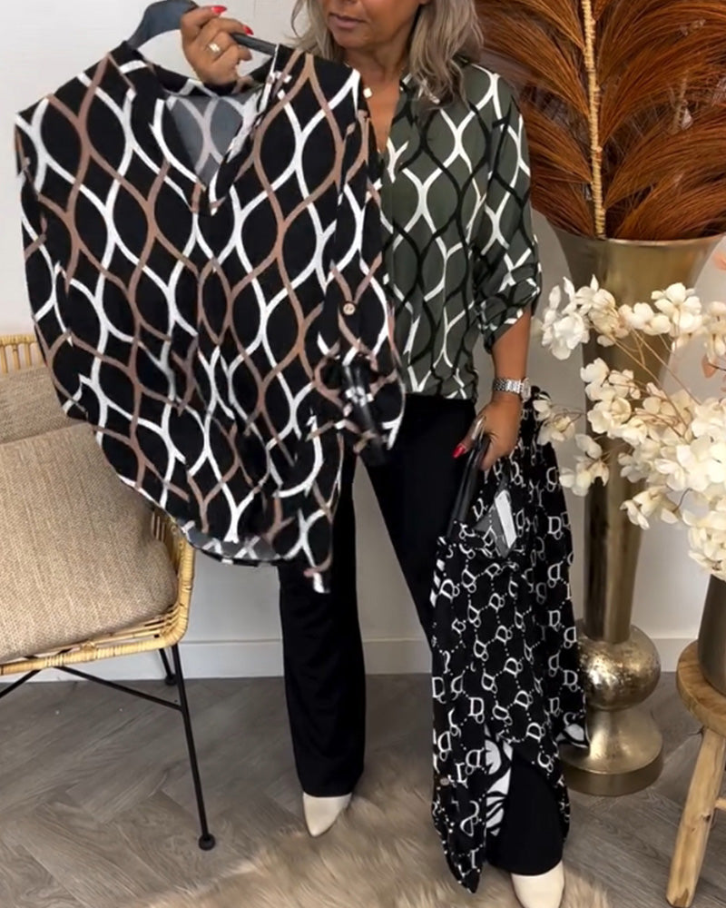Janny | Langermet Bluse med Geometrisk Mønster