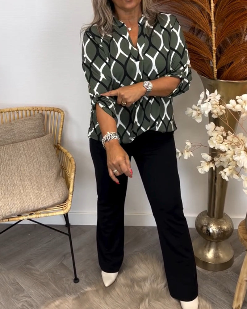 Janny | Langermet Bluse med Geometrisk Mønster