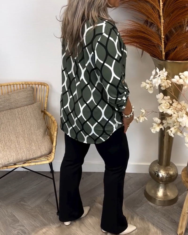 Janny | Langermet Bluse med Geometrisk Mønster