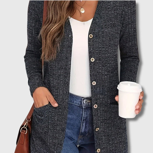 Ingrid | Elegant Lang Cardigan med Lommer og Knapper