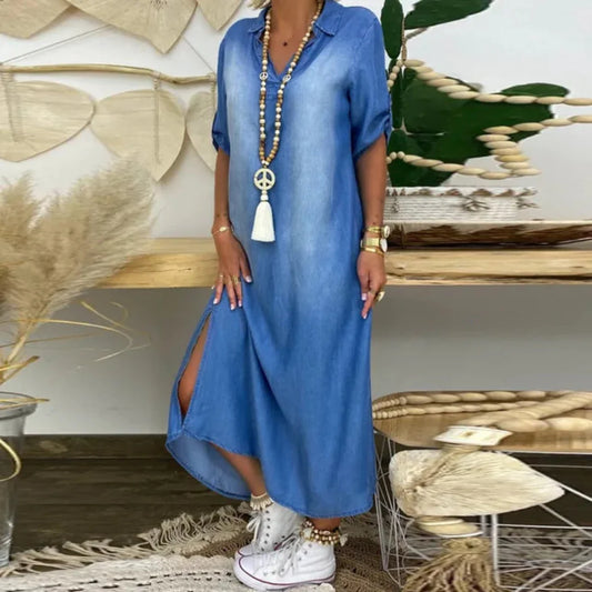 Torilda | Sommer V-hals Halv Denim Kjole