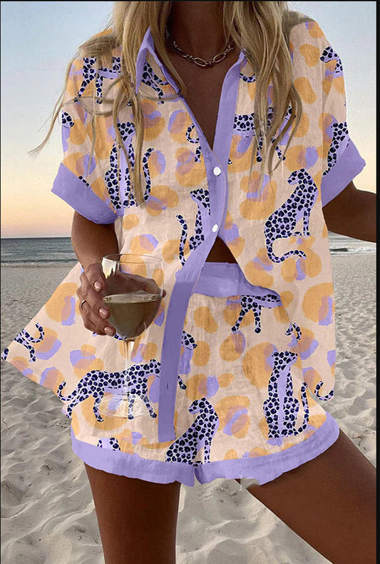 Nanon | Kort sett i lin med leopardtrykk