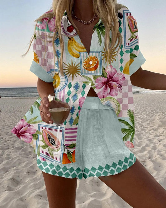 Janine | Kort linensemble med frukttrykk