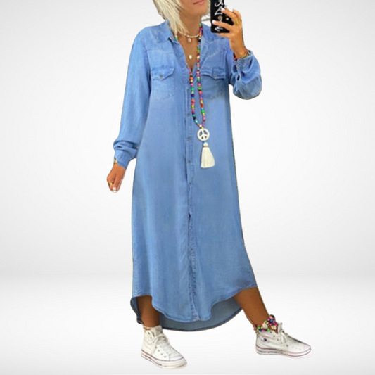 Kamilla | Maxi Denim Kjole med Lange Ermer