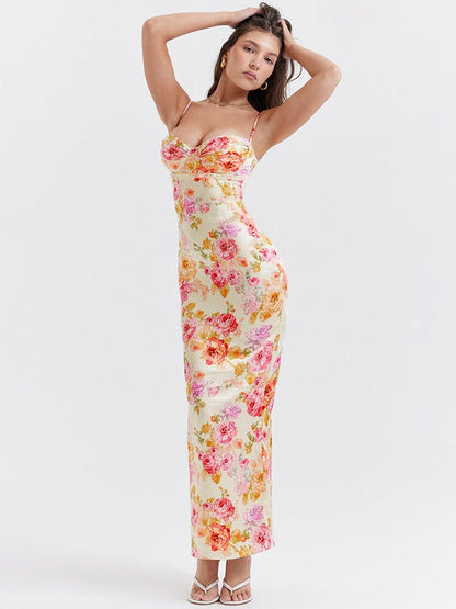 Lucy - Blomstrete Satin Maxi Kjole