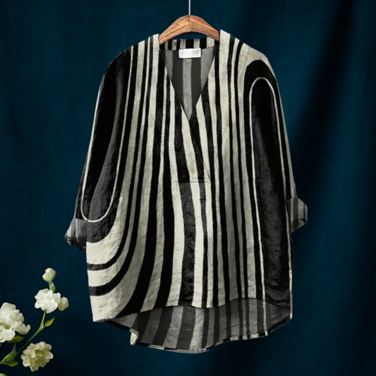 Damer Svart og Hvit Ripples Print Casual V-hals Skjorte