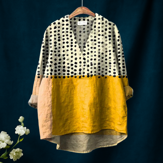Dame Gul Fargeblokkerte Prikkete Print Casual V-hals Skjorte