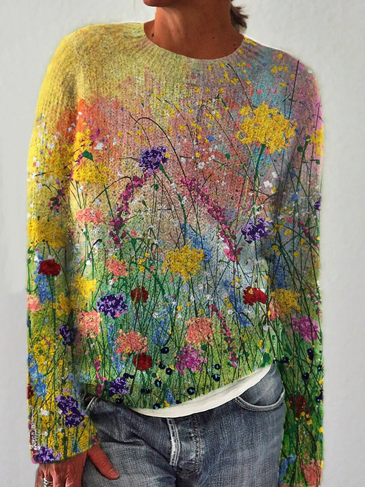 Hedvig | Koselig genser med blomster oljemaleri kunstverk