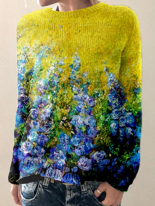 Elna |  Rund hals genser - abstrakt blomsterkunst motiv