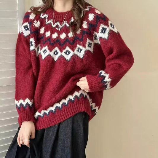 Bold Geo Pattern Sweater med Retro Stil